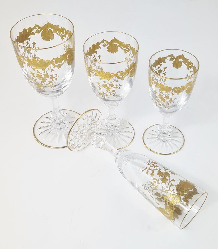 Saint Louis Crystal Glasses Service, Massenet Gold Model, 49 Pieces-photo-2