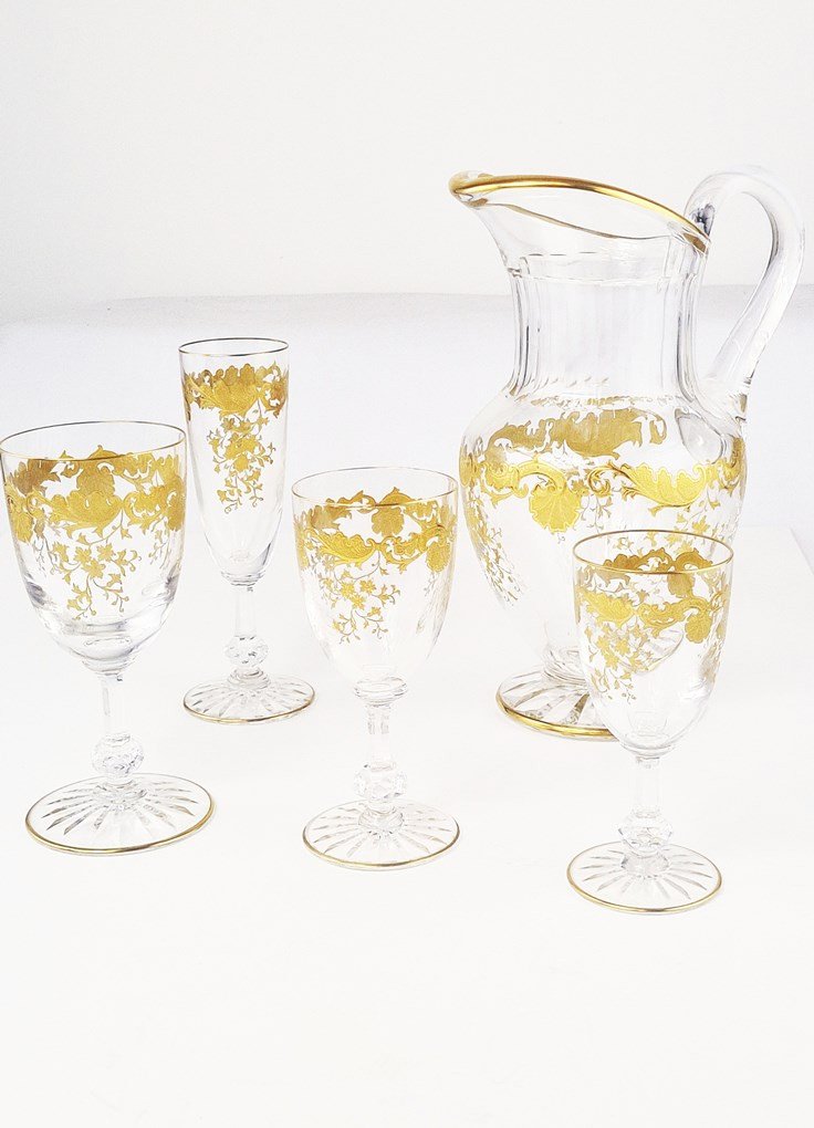 Saint Louis Crystal Glasses Service, Massenet Gold Model, 49 Pieces-photo-1