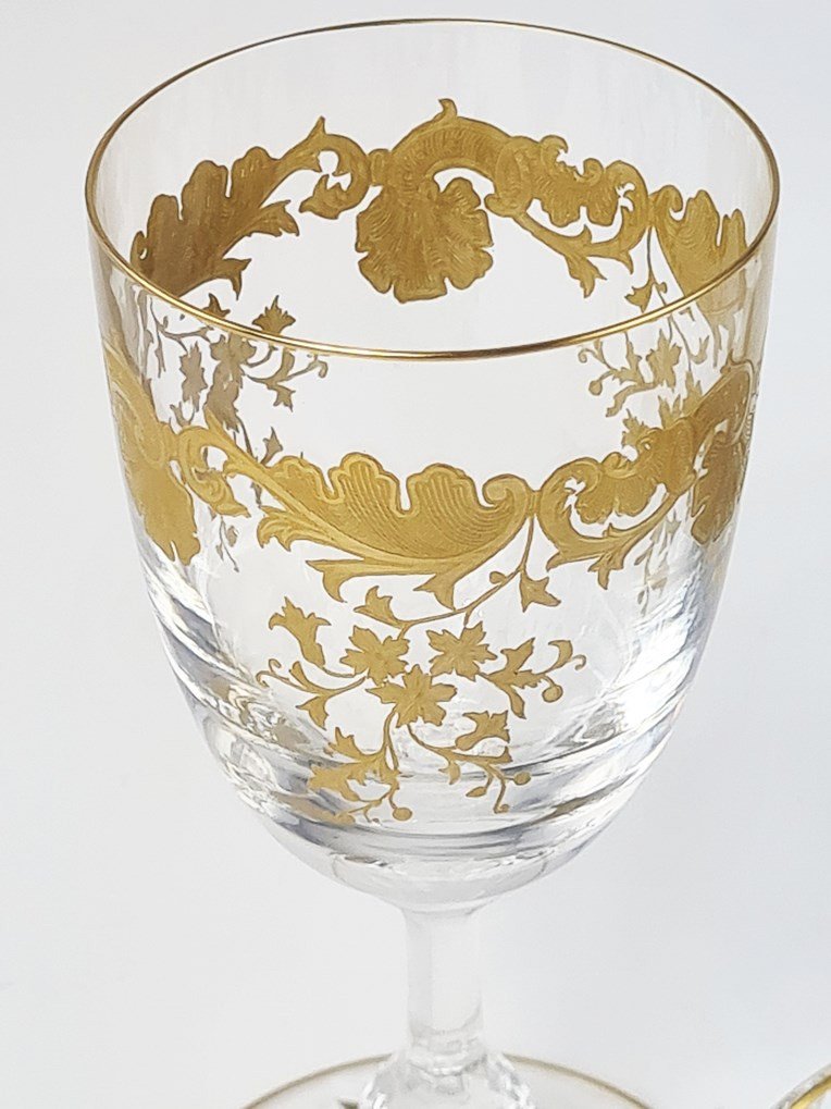 Saint Louis Crystal Glasses Service, Massenet Gold Model, 49 Pieces-photo-2