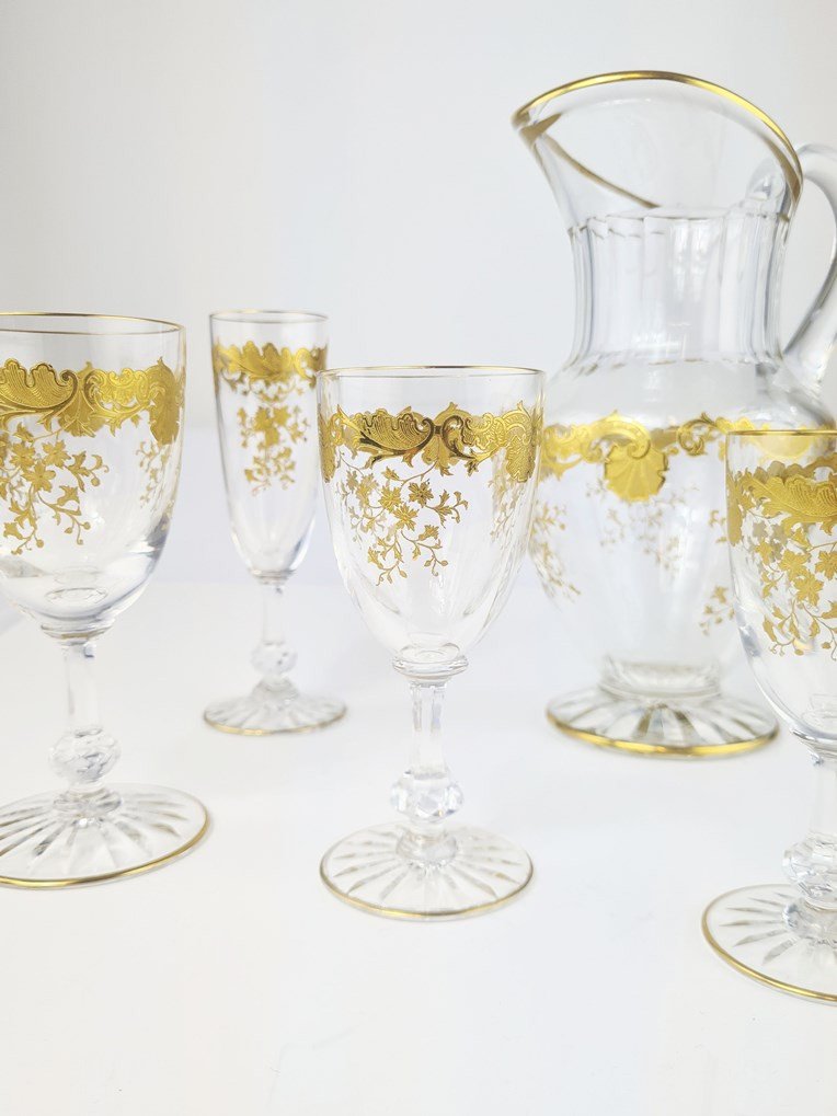 Saint Louis Crystal Glasses Service, Massenet Gold Model, 49 Pieces-photo-5
