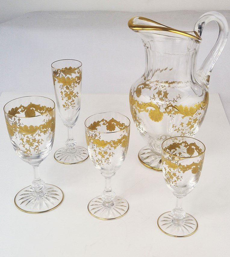 Saint Louis Crystal Glasses Service, Massenet Gold Model, 49 Pieces