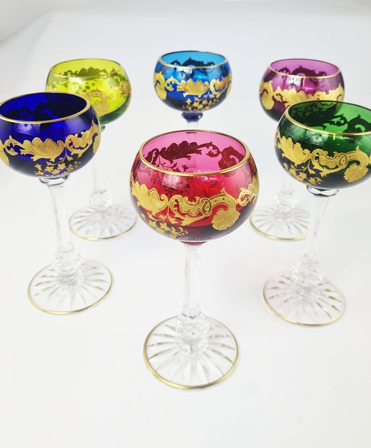 Suite De 12 Verres à Vin Du Rhin (roemers), En Cristal De Saint Louis, Modèle Massenet Or.-photo-2