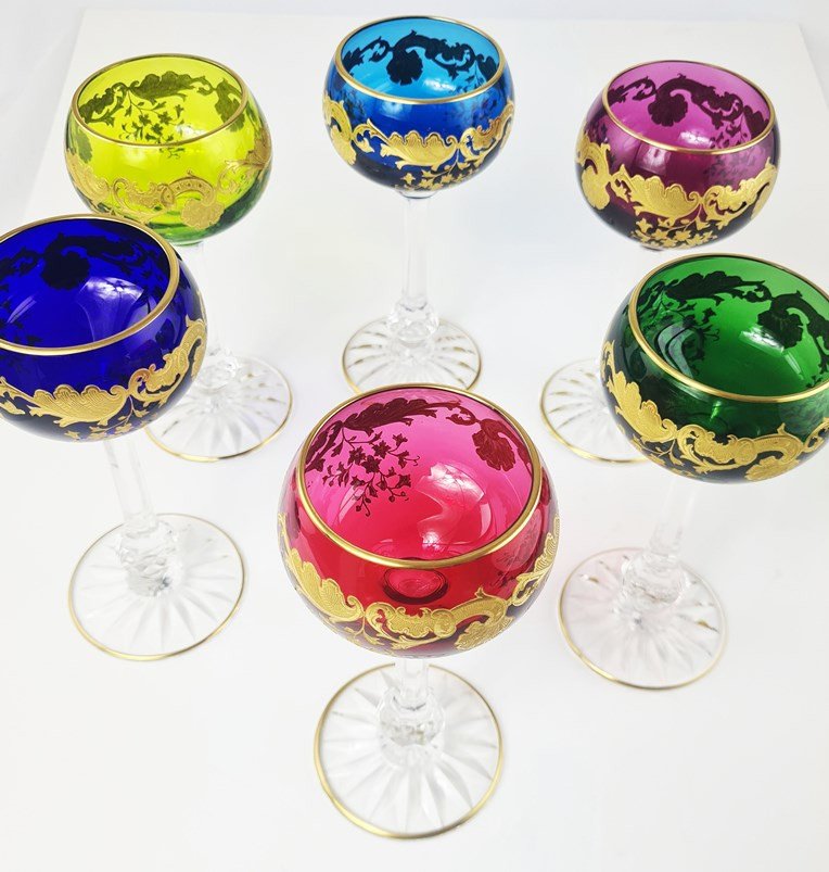 Suite De 12 Verres à Vin Du Rhin (roemers), En Cristal De Saint Louis, Modèle Massenet Or.-photo-3