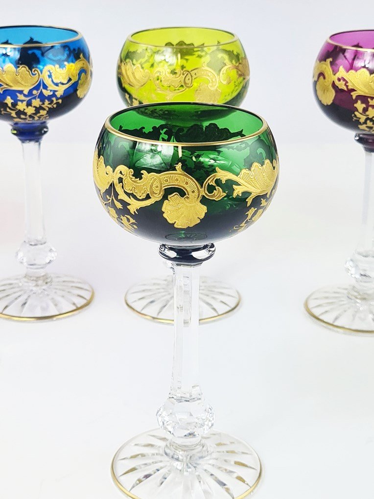 Suite Of 12 Rhine Wine Glasses (roemers), In Saint Louis Crystal, Massenet Gold Model.-photo-1