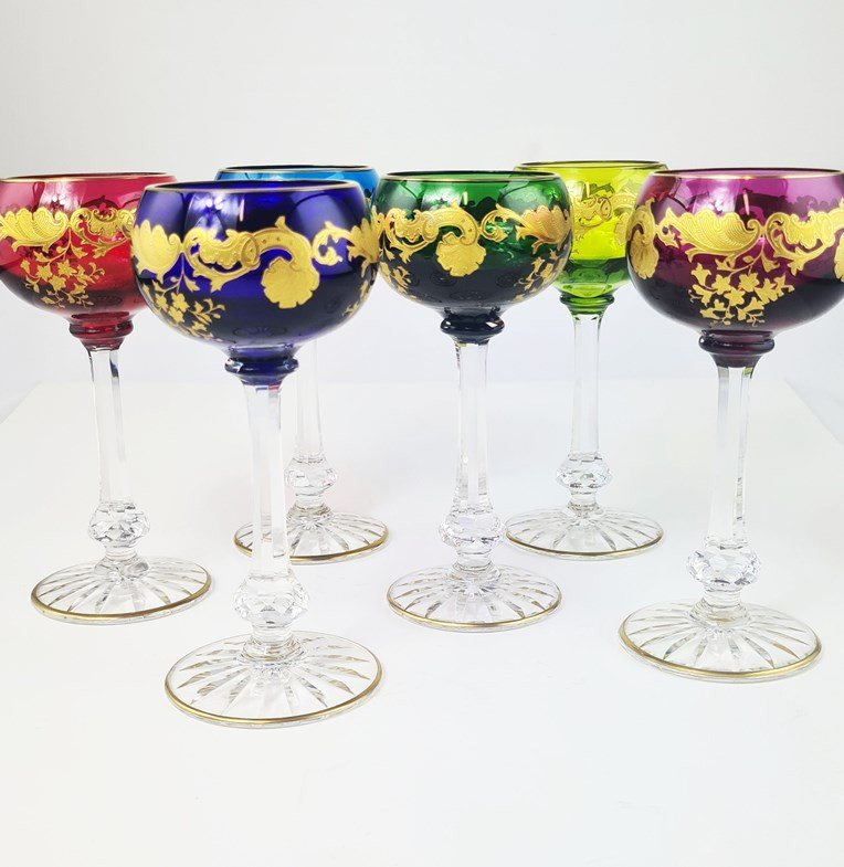 Suite Of 12 Rhine Wine Glasses (roemers), In Saint Louis Crystal, Massenet Gold Model.-photo-4