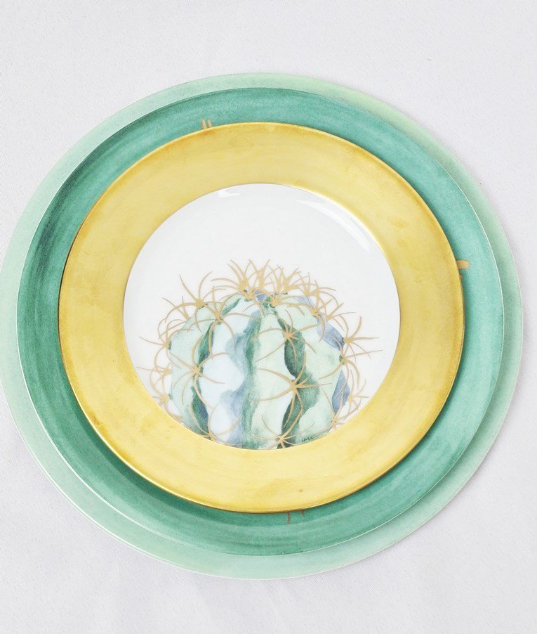 Ensemble d'Assiettes En Porcelaine De Limoges, Maison Daum, Modèle Cactus, 36 Pièces.-photo-7