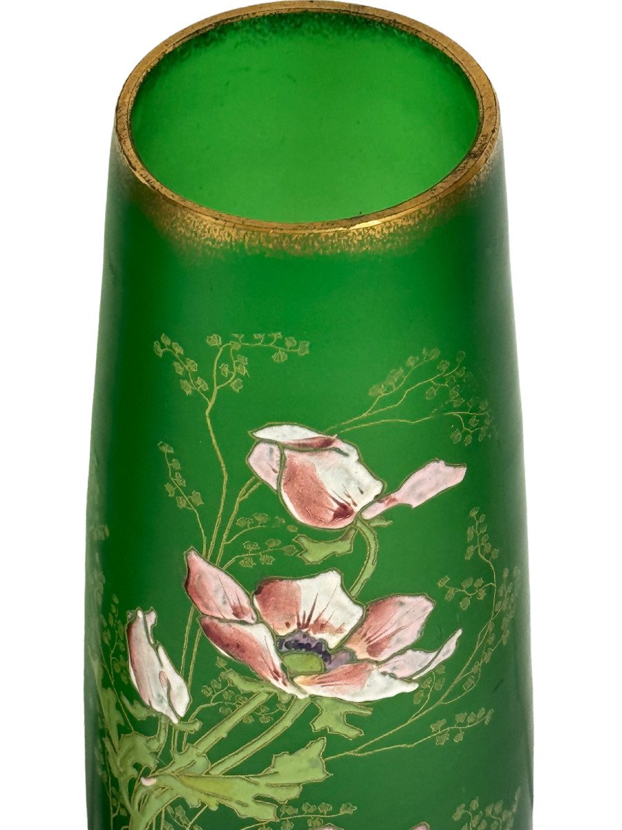 Pair Of Green Enameled Vases With Floral Decor, Legras, Art Nouveau Period-photo-2