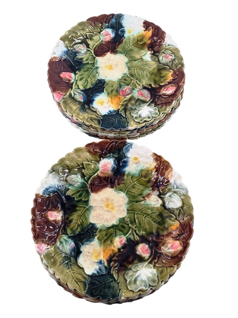 Set Of 12 Dessert Plates In Barbotine, Majolica Decorated With Strawberries And Flowers, Early -photo-3