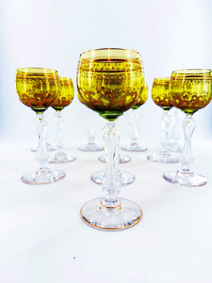 Set Of 11 Rhine Wine Glasses (roemers), In Saint Louis Crystal.-photo-3