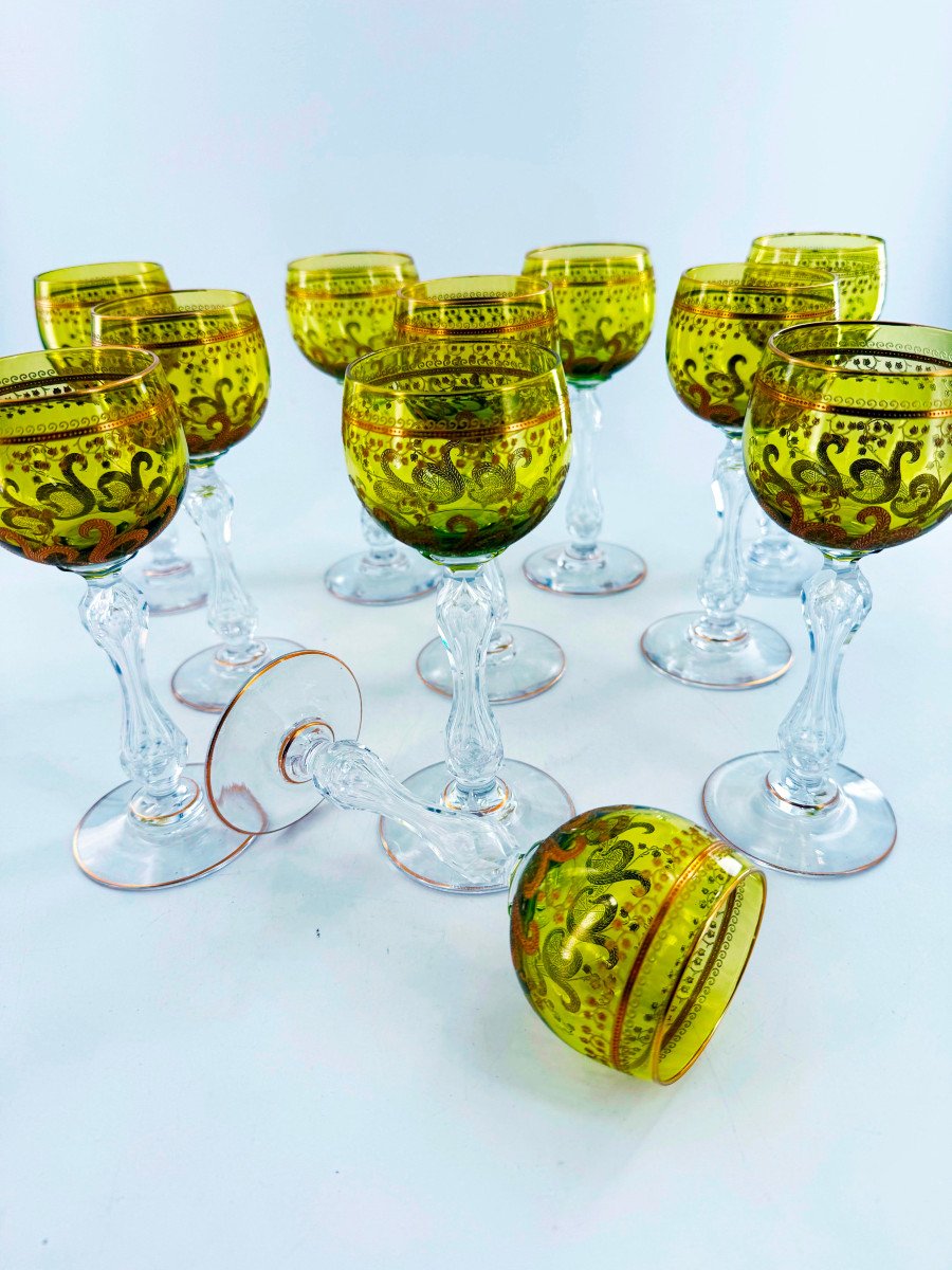 Set Of 11 Rhine Wine Glasses (roemers), In Saint Louis Crystal.