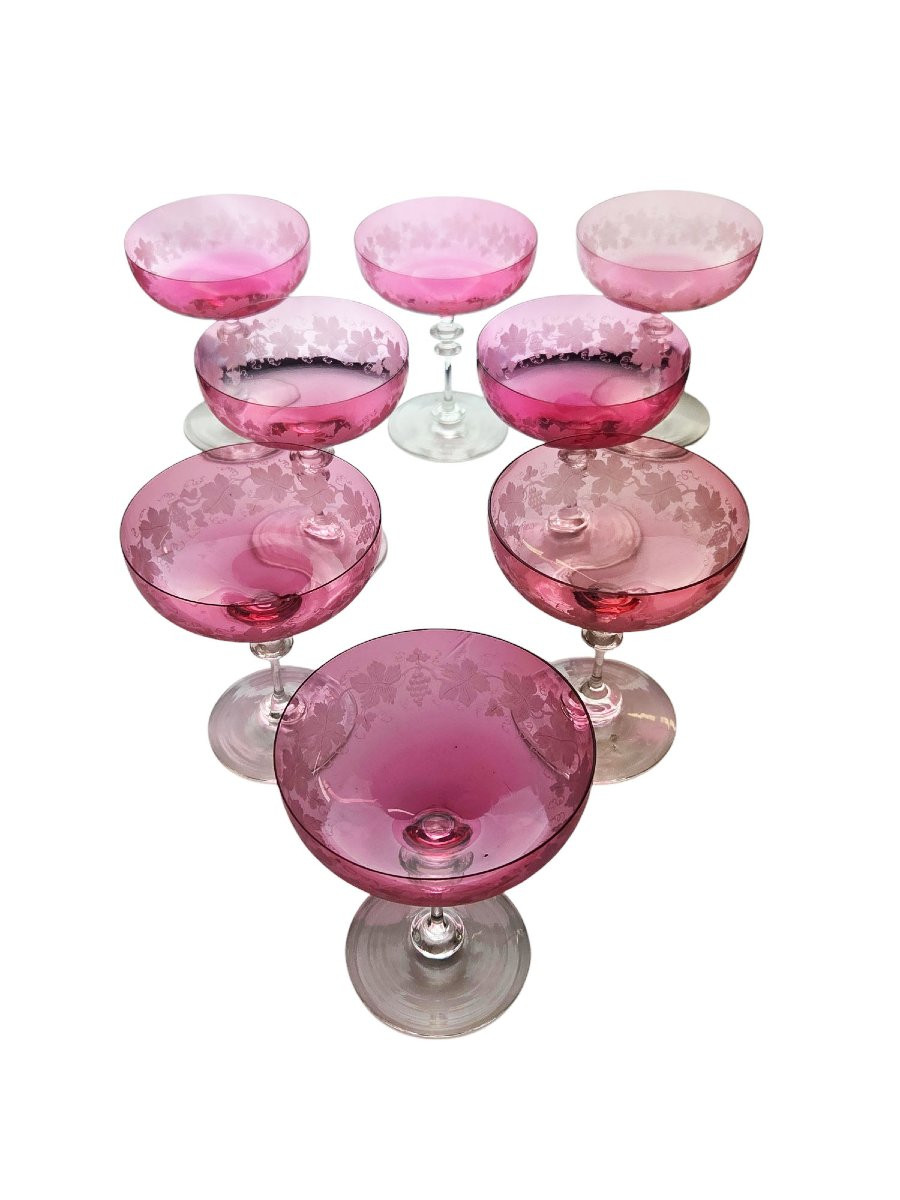 Suite De 8 Coupes à Champagne En Cristal Doublé Rose Et Gravé, XIXème.-photo-2