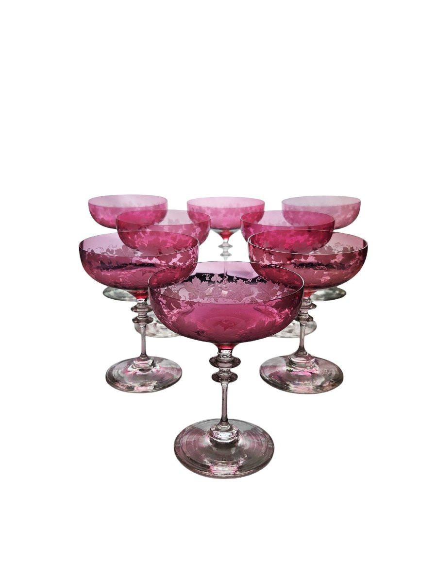 Suite De 8 Coupes à Champagne En Cristal Doublé Rose Et Gravé, XIXème.-photo-3