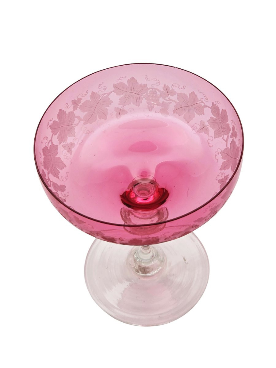 Suite De 8 Coupes à Champagne En Cristal Doublé Rose Et Gravé, XIXème.-photo-4