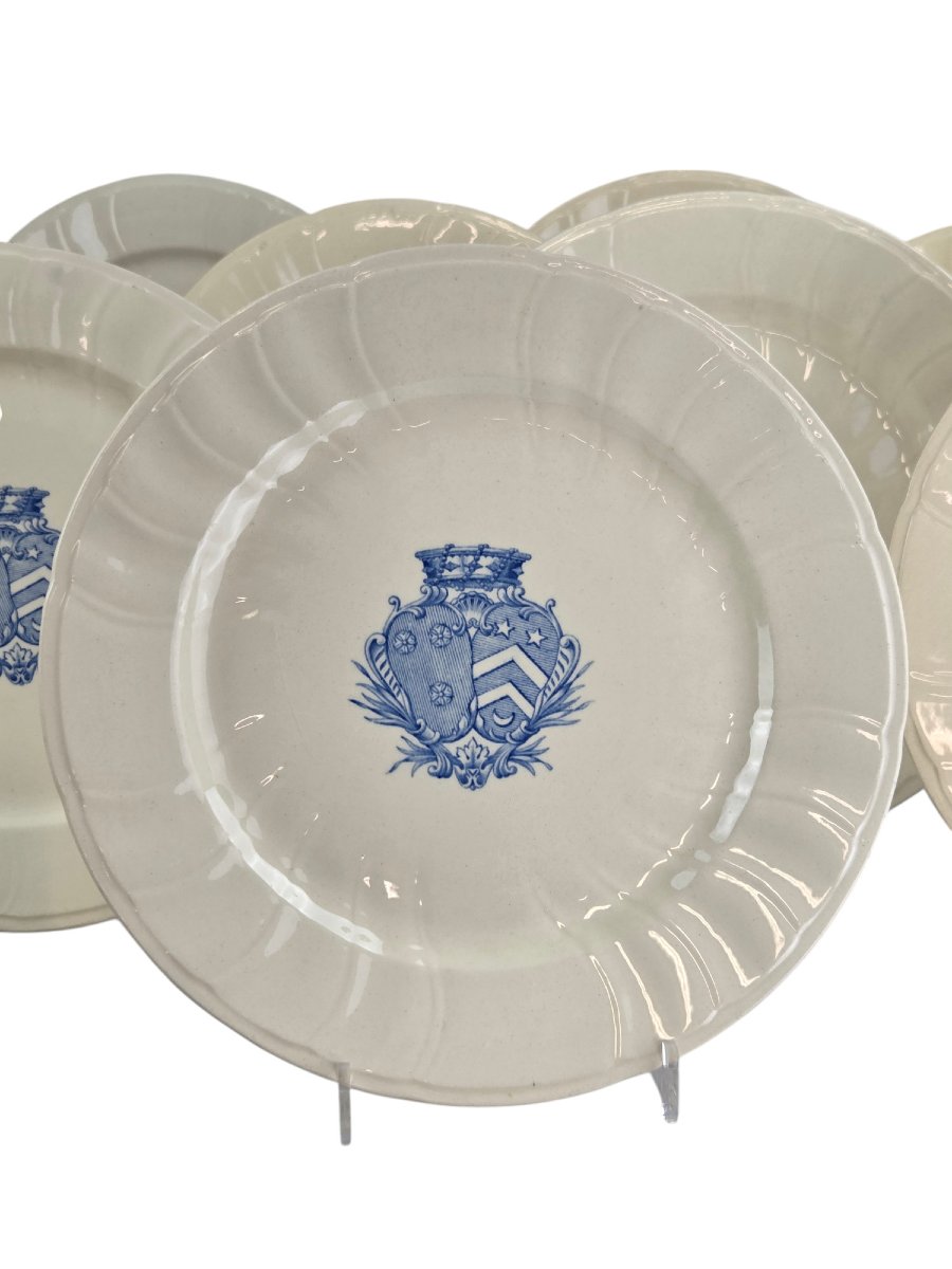 Set Of 10 Gien Earthenware Dinner Plates With Alliance Coat Of Arms Decor, 19th Century.-photo-2