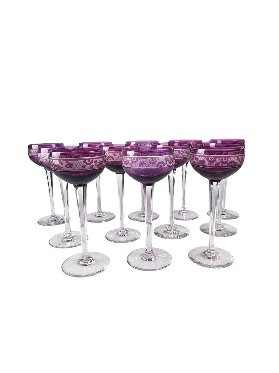 Set Of 12 Amethyst-lined Crystal Wine Glasses, Art Deco Period, Cristallerie De Nancy.-photo-4