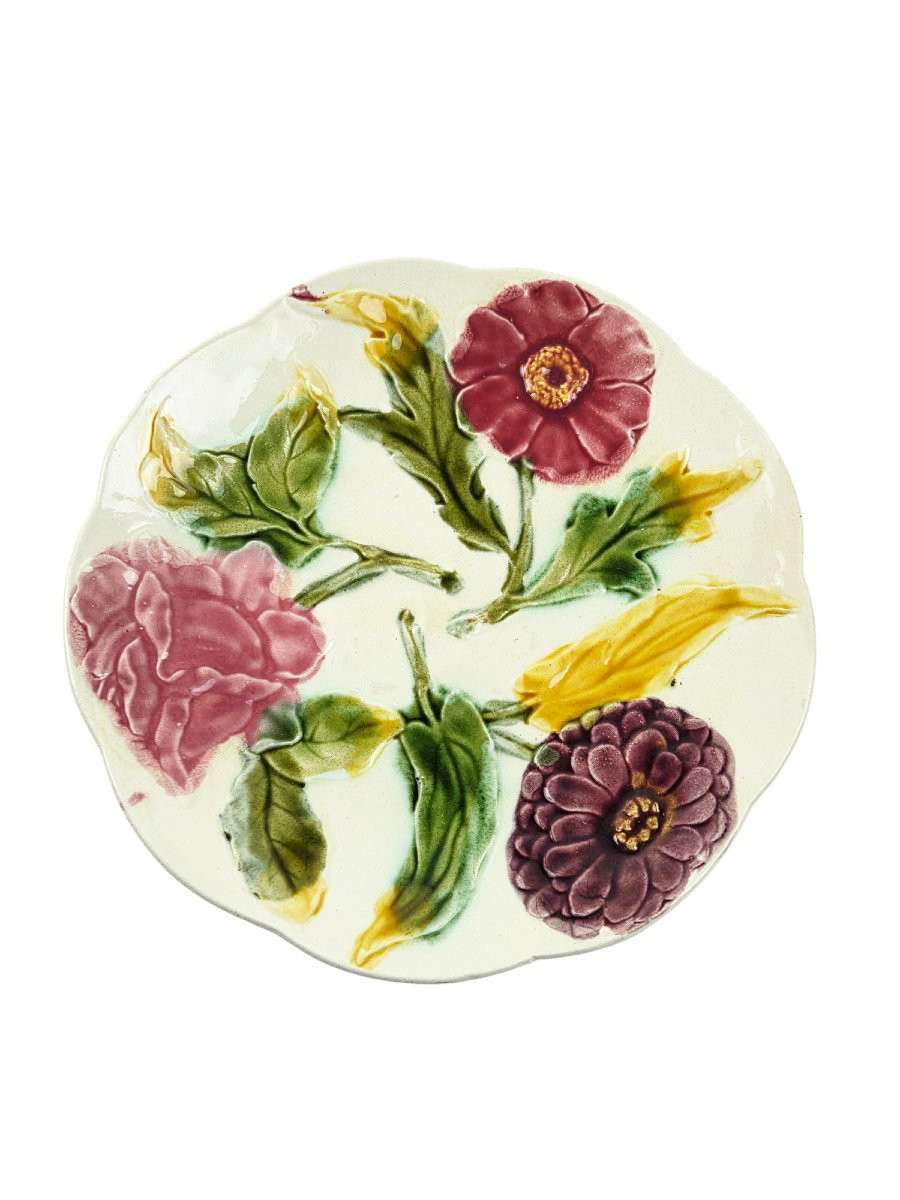 Suite De 8 Assiettes à Dessert En Barbotine à Décor Floral.-photo-3
