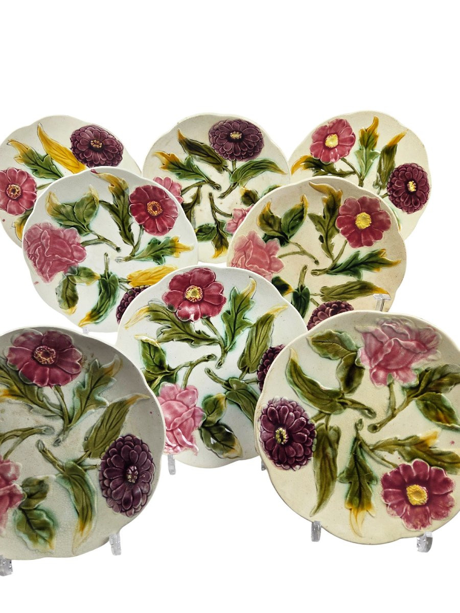 Suite De 8 Assiettes à Dessert En Barbotine à Décor Floral.-photo-4