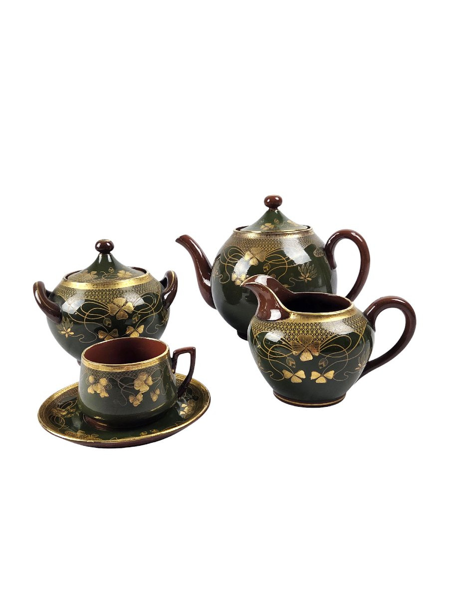 Service à Thé En Grès Verni De Sarreguemines, époque Art Nouveau, 23 Pièces.-photo-4