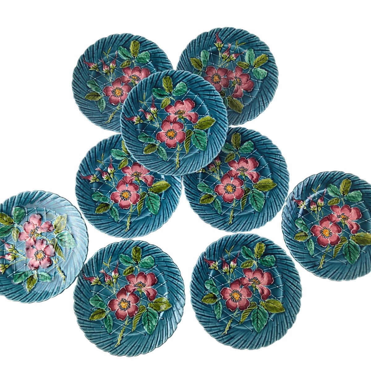Ensemble de 9 assiettes en barbotine, majolique, Sarreguemines, France, XIX ème.-photo-2