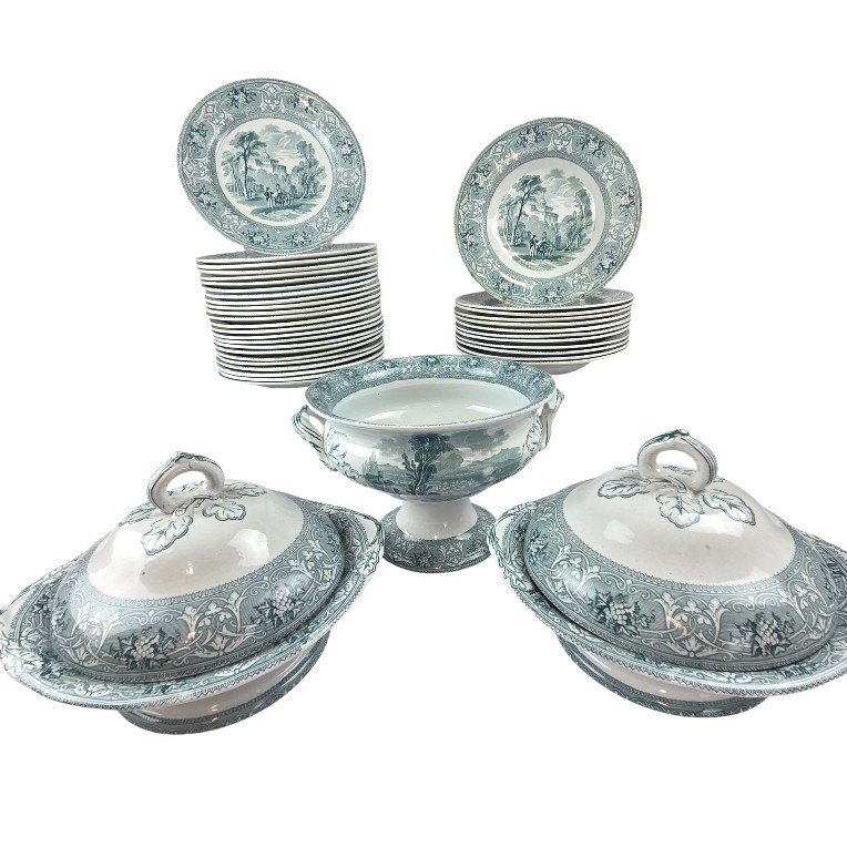 Service de table en faïence anglaise vert menthe, fin XIX ème, Cork , Edge and Malkin, 56 P.-photo-2