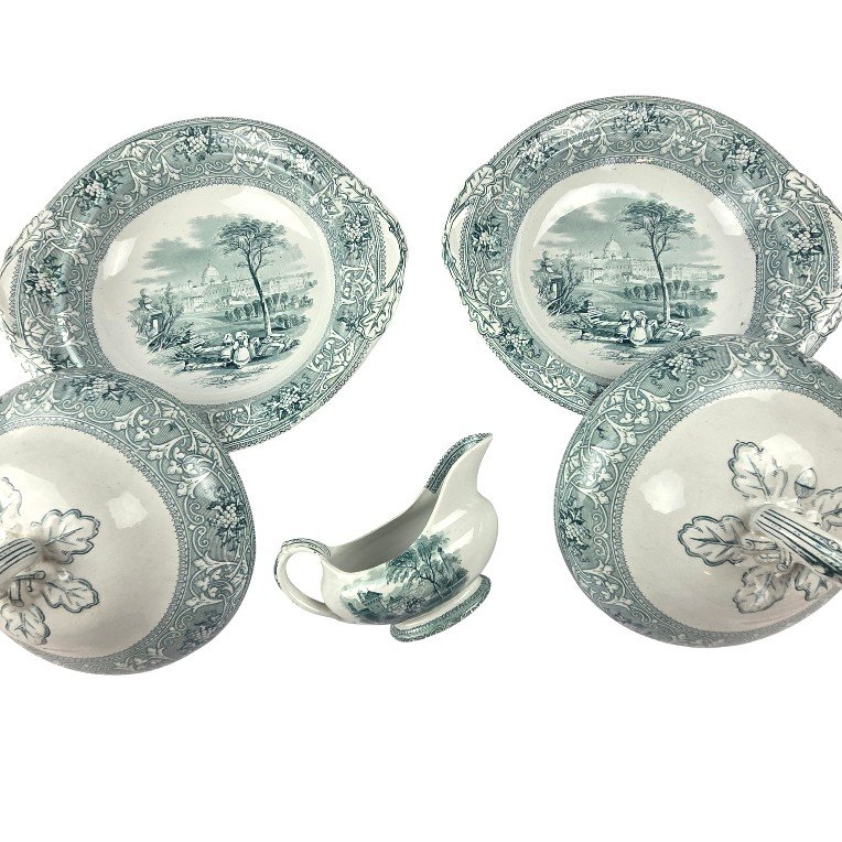 Service de table en faïence anglaise vert menthe, fin XIX ème, Cork , Edge and Malkin, 56 P.-photo-3