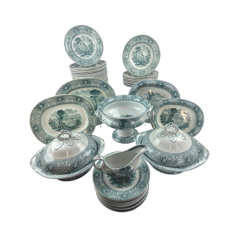 Service de table en faïence anglaise vert menthe, fin XIX ème, Cork , Edge and Malkin, 56 P.-photo-4