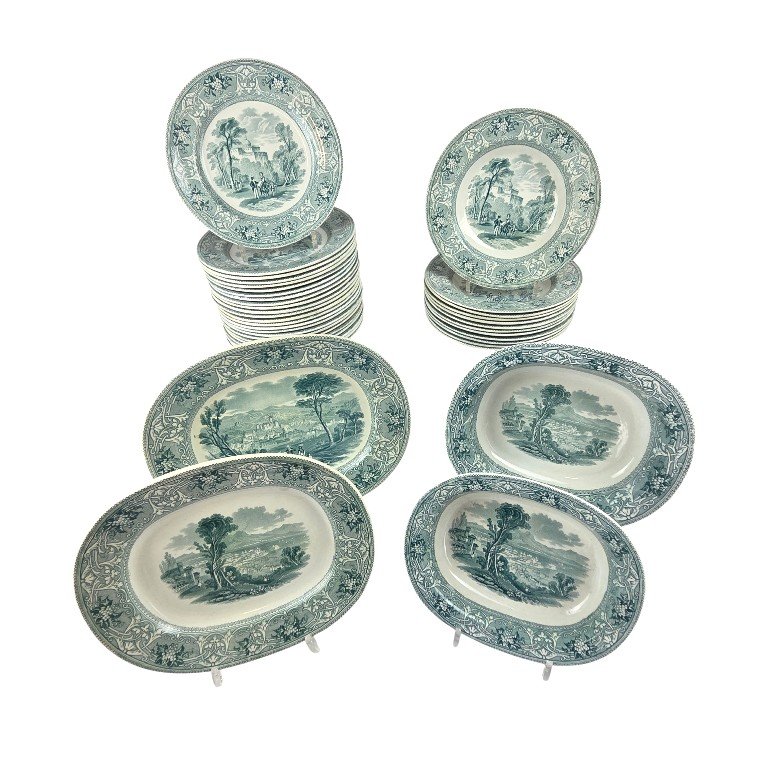 Service de table en faïence anglaise vert menthe, fin XIX ème, Cork , Edge and Malkin, 56 P.-photo-5