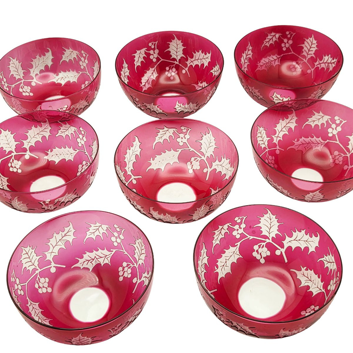 Suite de 8 coupelles en cristal doublées à décor de houx, XIXème-photo-2