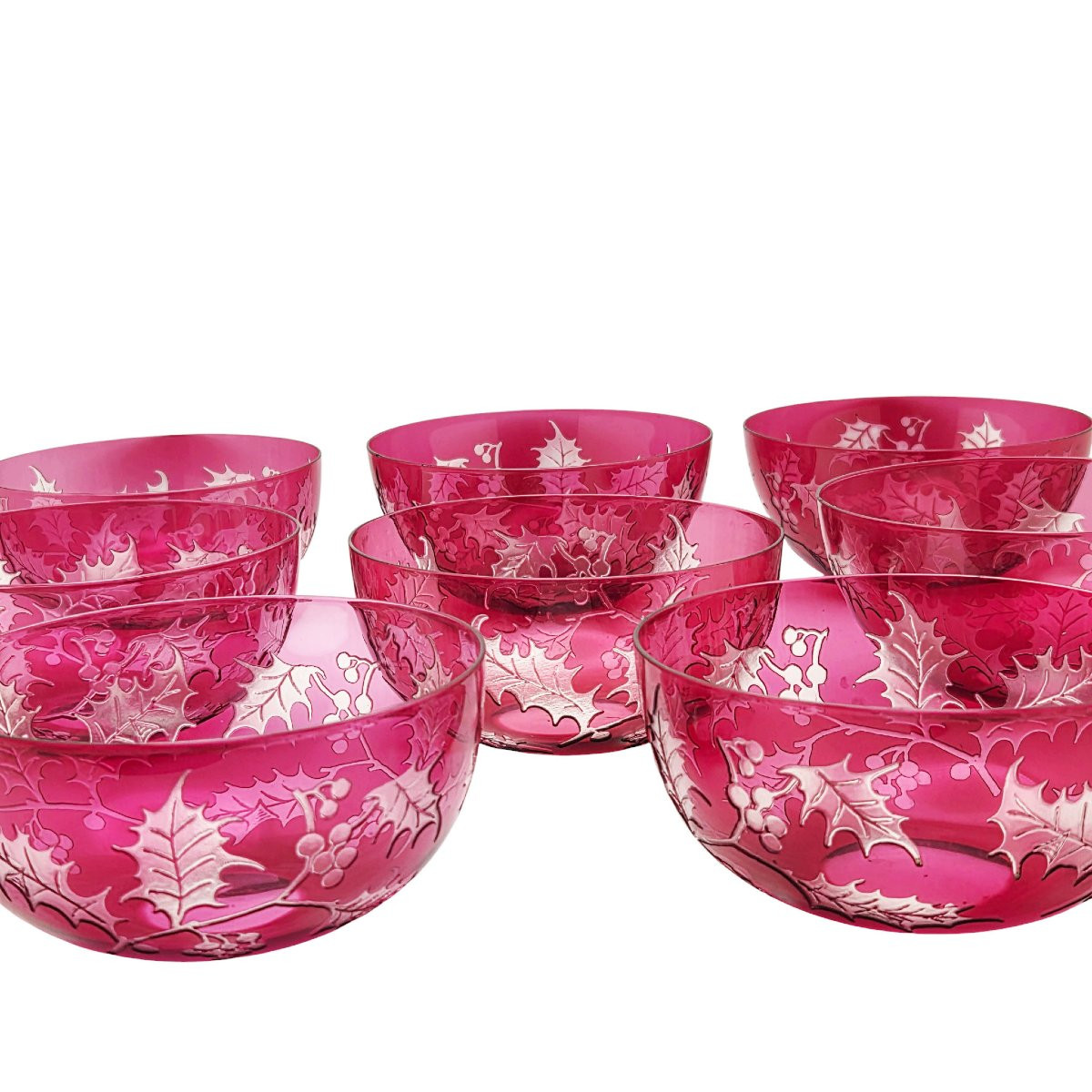Suite de 8 coupelles en cristal doublées à décor de houx, XIXème-photo-3