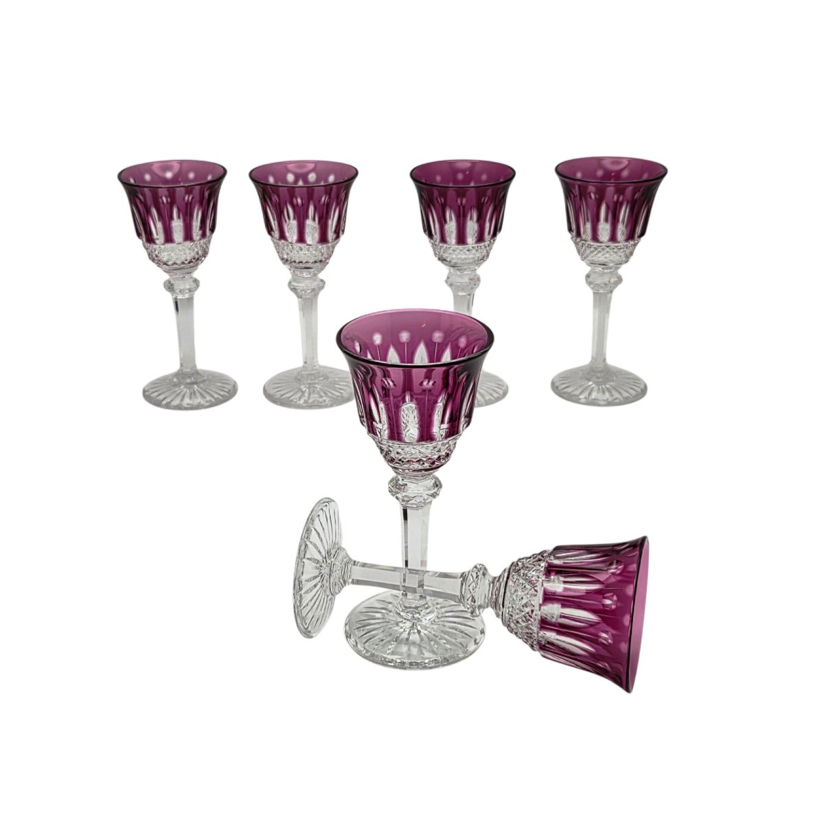 6 Saint Louis Crystal Liqueur Glasses, Tommy Model, Amethyst Colour.-photo-3