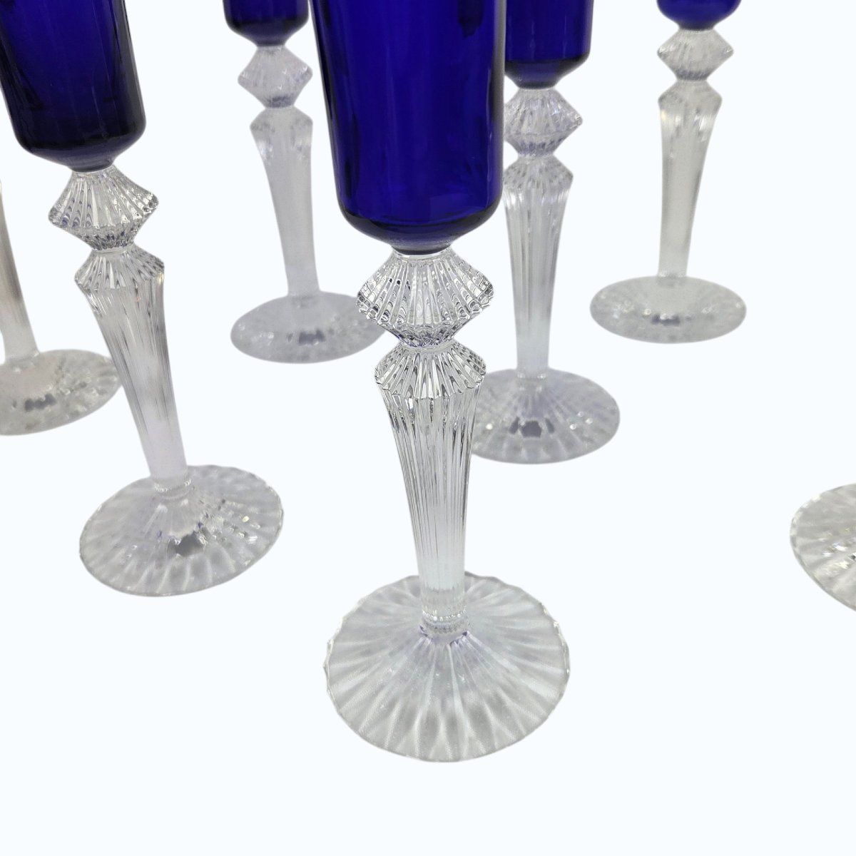 Set Of 7 Blue Baccarat Crystal Flutes, Mille Nuits Model.-photo-2