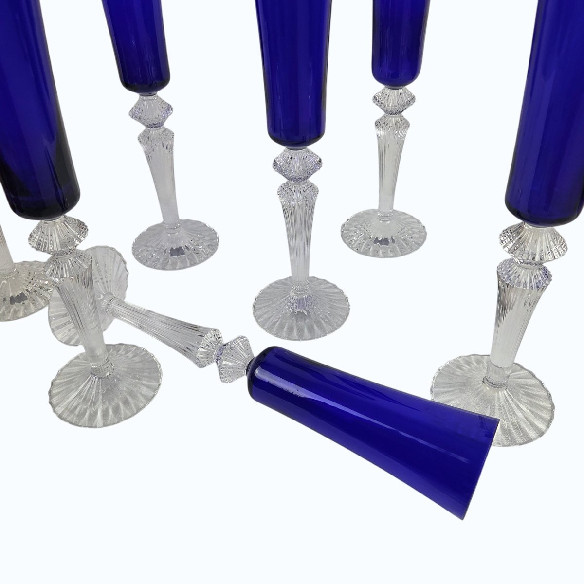 Set Of 7 Blue Baccarat Crystal Flutes, Mille Nuits Model.-photo-3