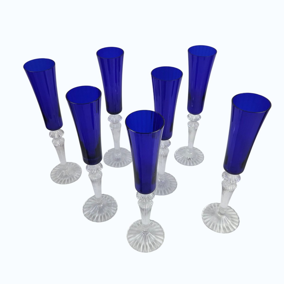 Set Of 7 Blue Baccarat Crystal Flutes, Mille Nuits Model.-photo-4