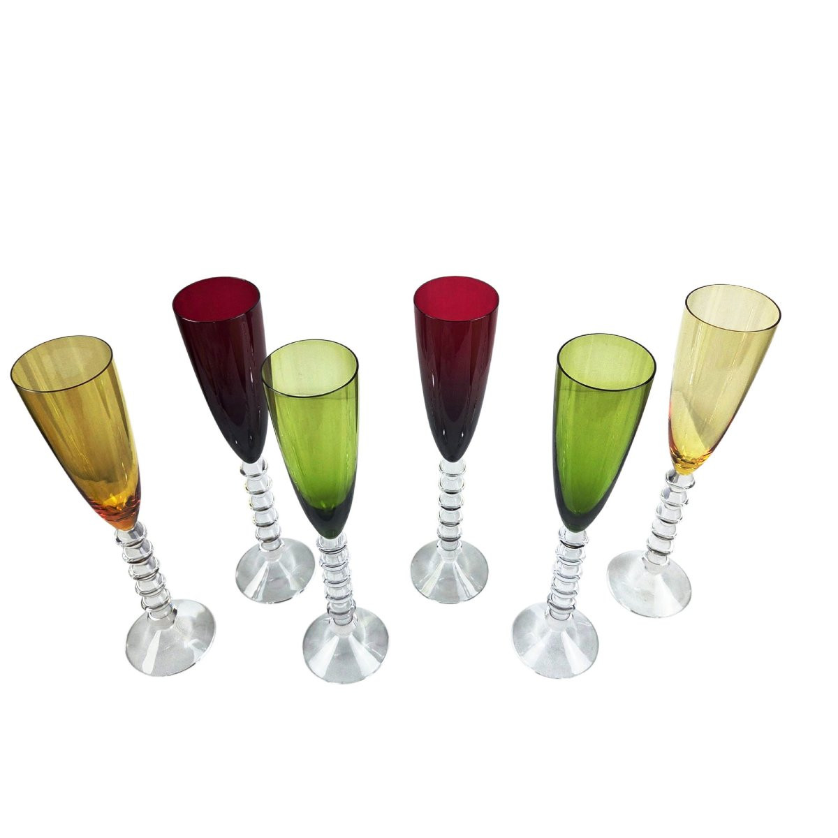 Set Of 6 Baccarat Crystal Flutes, Flutissimo Vega Model, 3 Colours.-photo-3