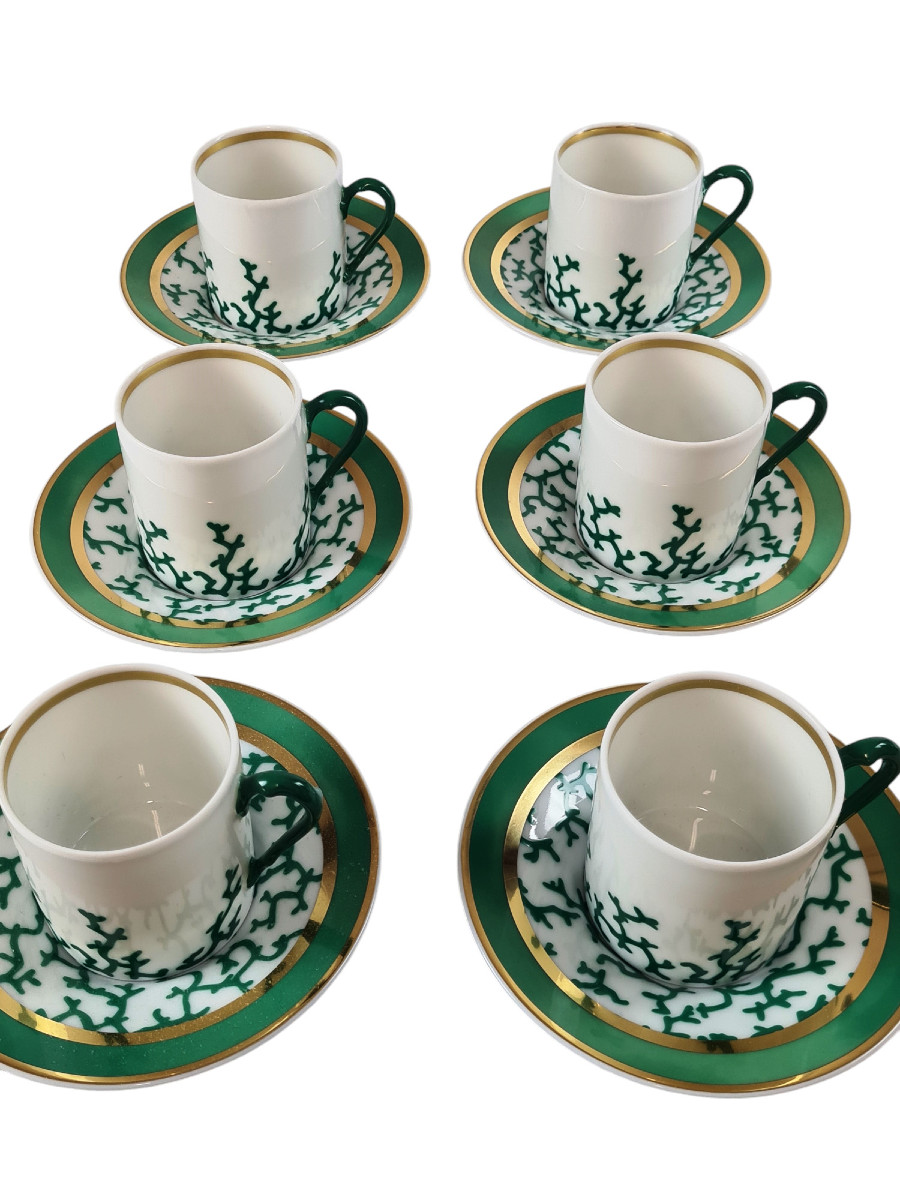 Set Of 6 Limoges Porcelain Coffee Cups And Saucers, Raynaud Company, Cristo Pattern