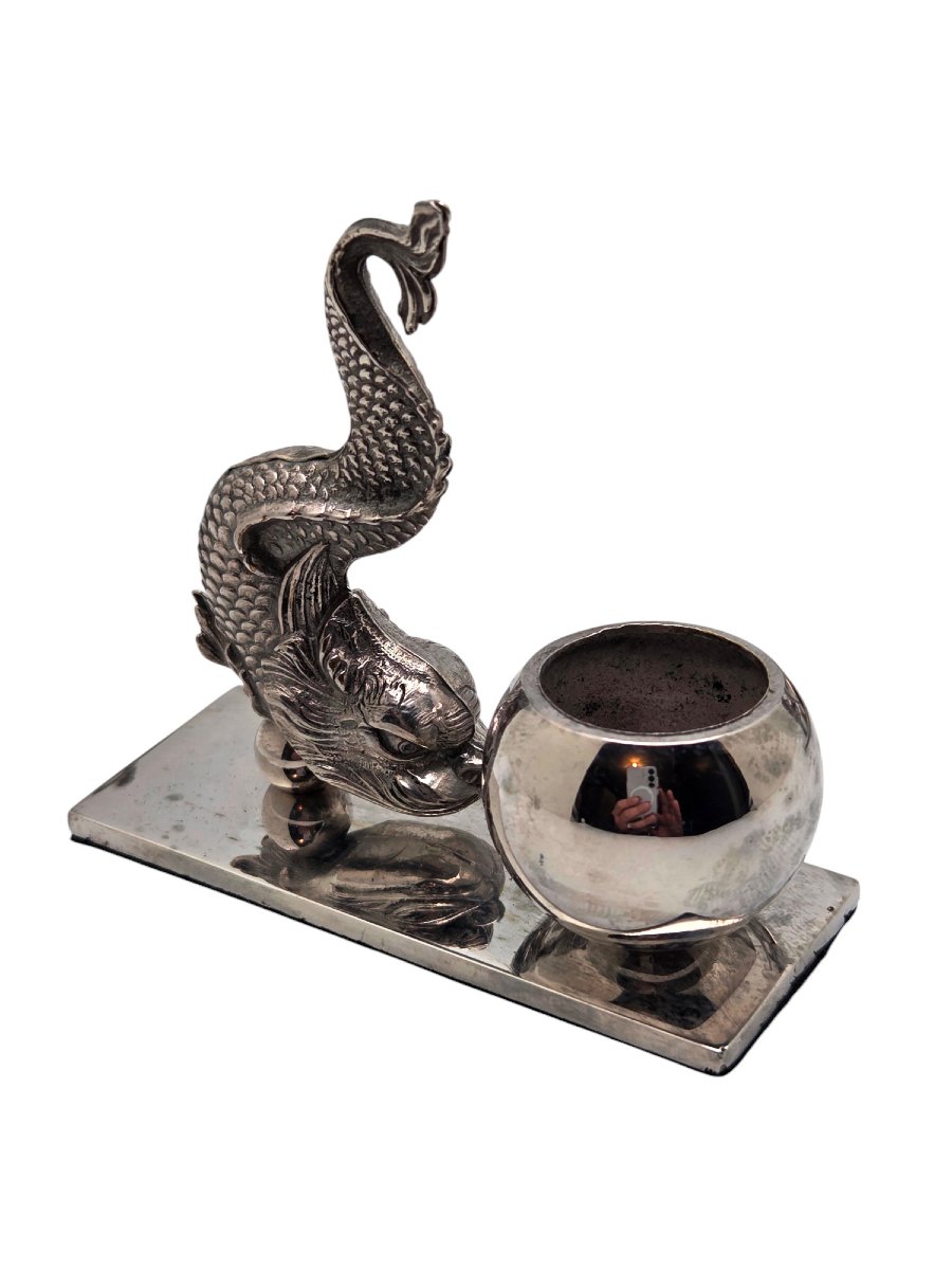 Set Of 6 Individual Silver-plated Metal Table Vases Or Salt Cellars Decorated With Dolphins-photo-2