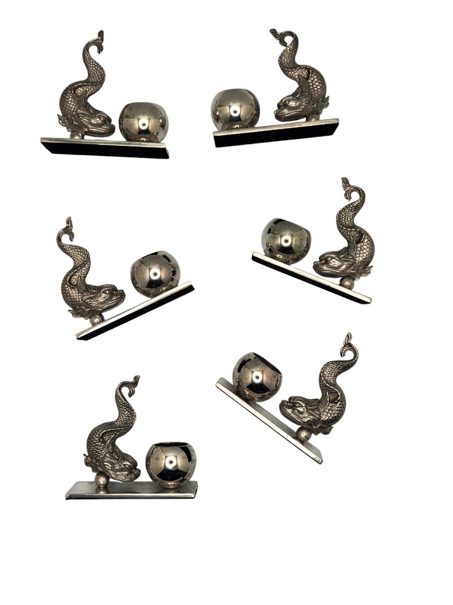 Set Of 6 Individual Silver-plated Metal Table Vases Or Salt Cellars Decorated With Dolphins-photo-4