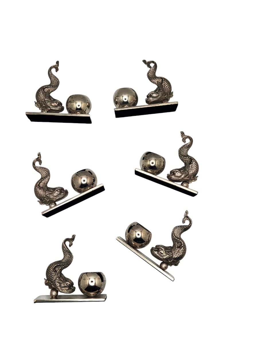 Set Of 6 Individual Silver-plated Metal Table Vases Or Salt Cellars Decorated With Dolphins-photo-2