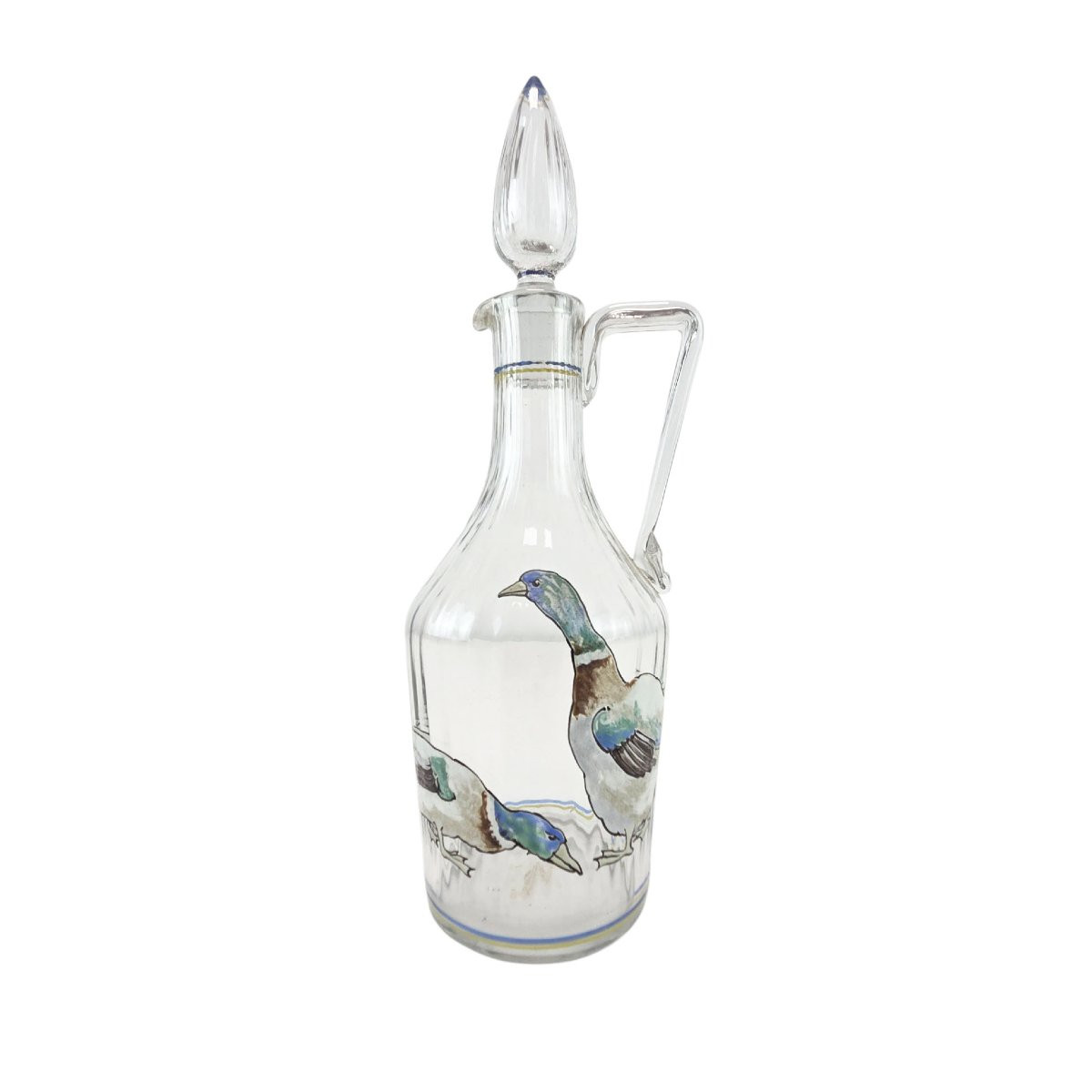 Paire de carafons en verre émaillé, fin XIXème à décor de volatiles.-photo-3