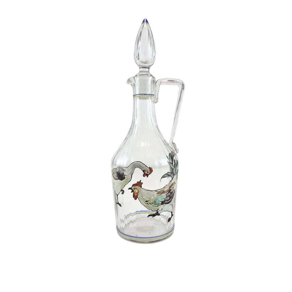 Paire de carafons en verre émaillé, fin XIXème à décor de volatiles.-photo-4