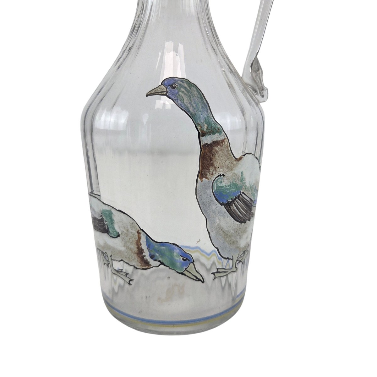 Paire de carafons en verre émaillé, fin XIXème à décor de volatiles.-photo-1
