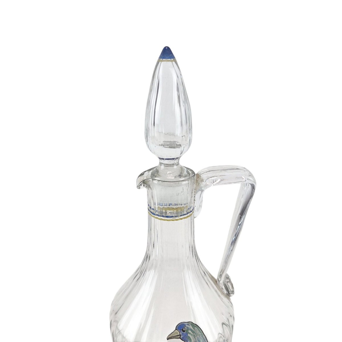 Paire de carafons en verre émaillé, fin XIXème à décor de volatiles.-photo-3