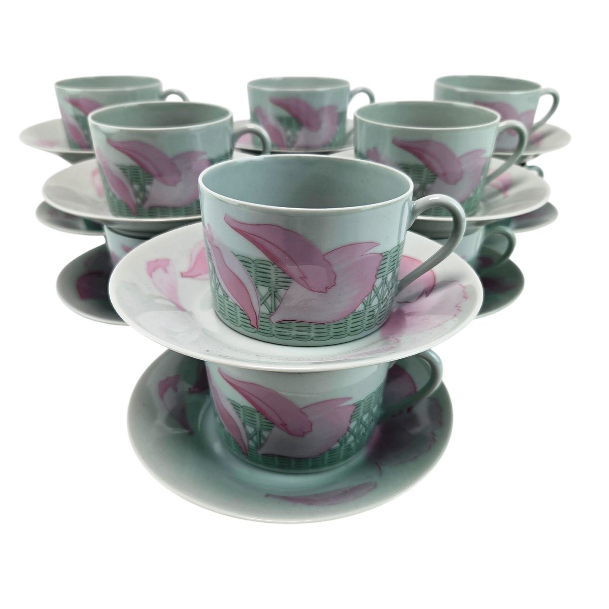 Limoges Porcelain Service, Pivoines Céladon Model, Hermès, 80 Pieces.-photo-2