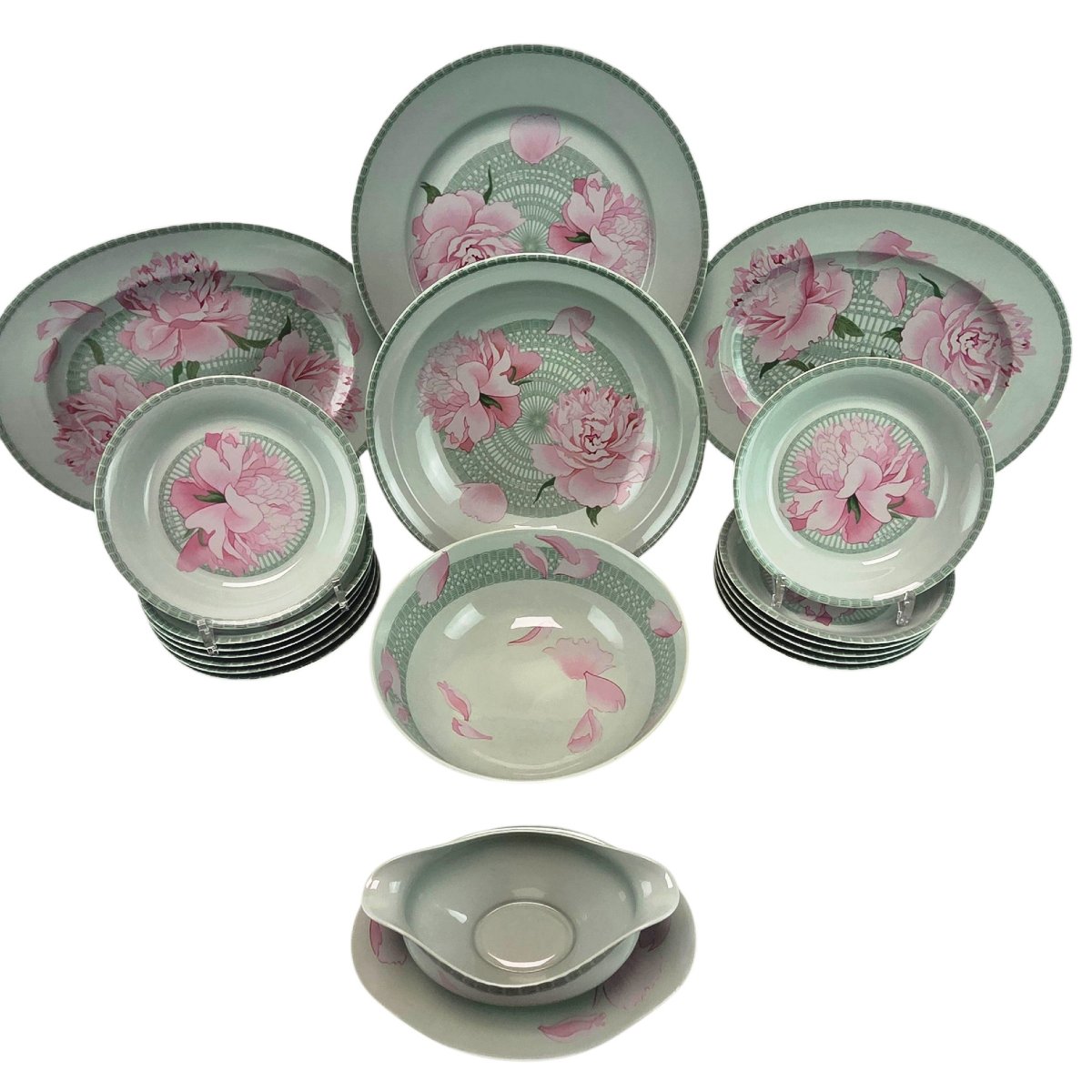 Limoges Porcelain Service, Pivoines Céladon Model, Hermès, 80 Pieces.-photo-4