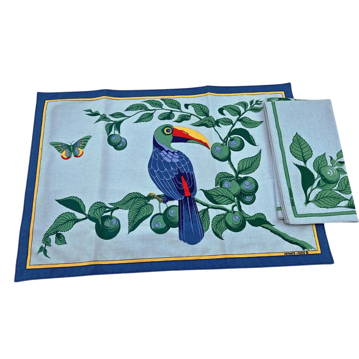 Paire de sets de table et serviettes de table en coton , modèle Toucan, maison Hermès Paris.-photo-2