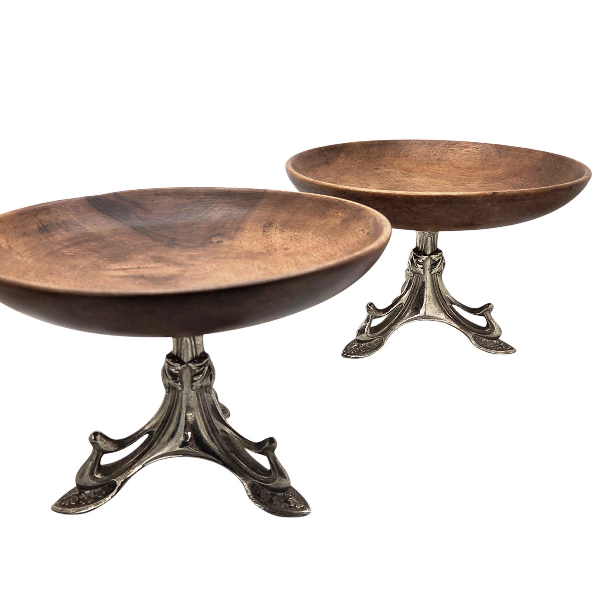 Pair Of Wood And Silver-plated Metal Bowls, Late 19th Century.