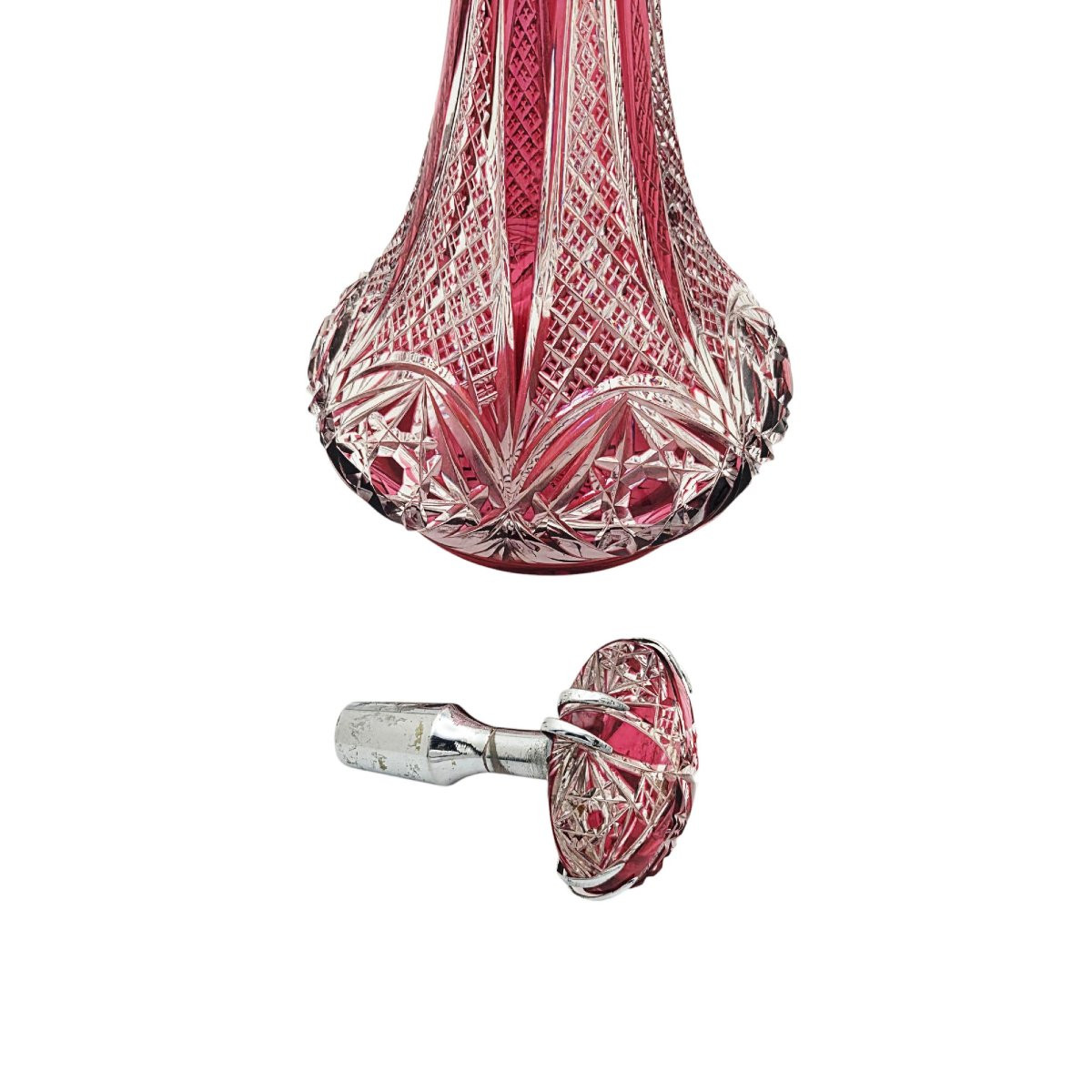 Spectaculaire carafe en cristal doublée rouge montée métal argenté.-photo-2
