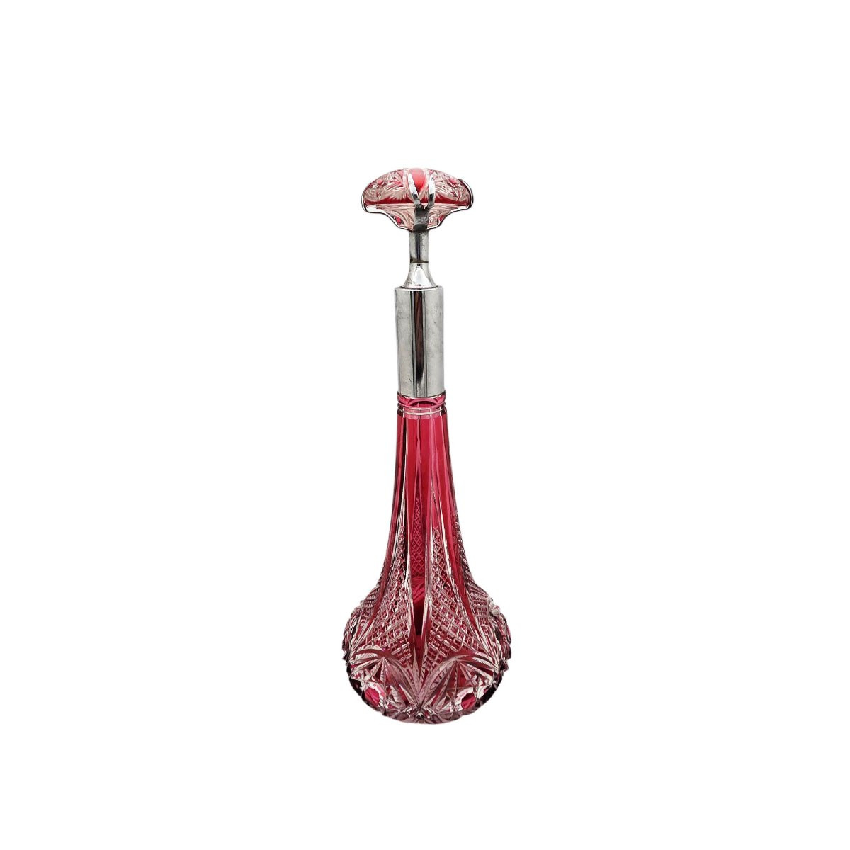 Spectaculaire carafe en cristal doublée rouge montée métal argenté.-photo-4