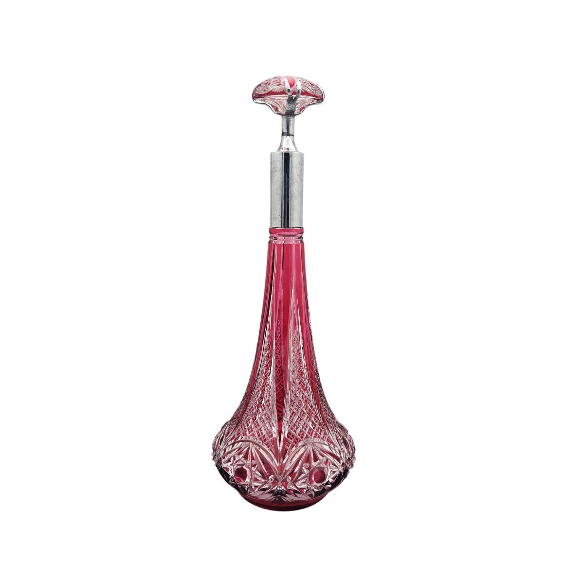 Spectaculaire carafe en cristal doublée rouge montée métal argenté.-photo-1