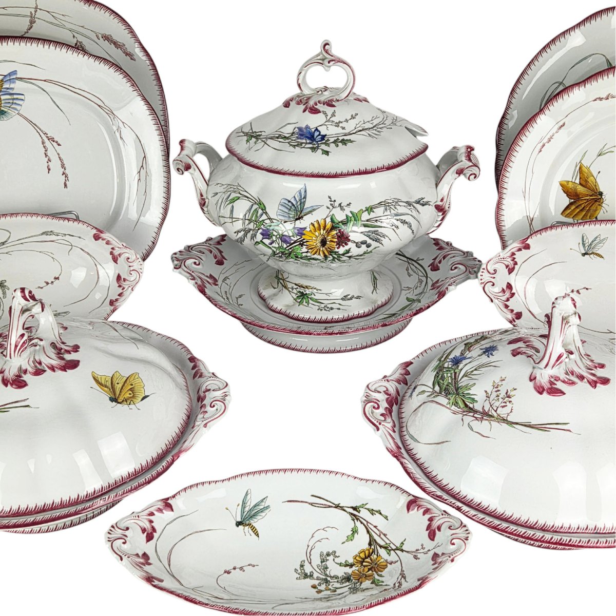 Service de table en faïence de Sarreguemines, modèle Papillon, fin XIX ème, 80 pièces.-photo-6